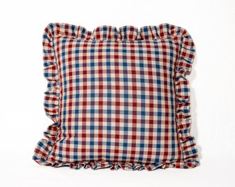 Obsessed with this beautiful navy and red gingham cotton handmade Ruffled cushion cover with red velvet backs reversible beautiful