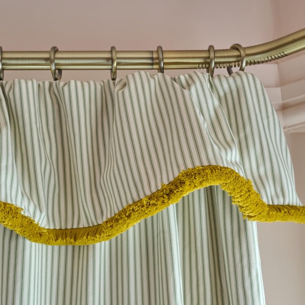 Bespoke Striped Cotton Flop Over Curtain – Sage Ticking, Ochre Fringe