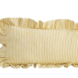 Extra long striped linen ruffled lumbar cushion in Chartreuse