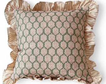 Mudra Rose Sage Green Pink Pattern Cushion Cover, Ian Mankin Ticking Frill Pillow