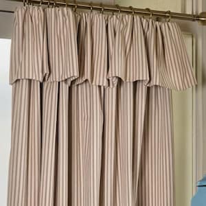 May include: Beige and brown striped curtain panels with a matching valance. The curtains are hanging from a gold-colored rod with rings. The fabric has vertical stripes and is gathered at the top.