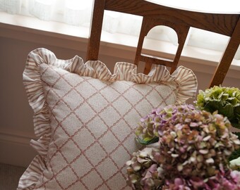 Newly launched vintage pale pink trellis with powder ticking frill