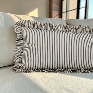 May include: A rectangular throw cushion featuring a vertical black and white pinstripe pattern. The cushion is finished with a gathered ruffle trim along all four edges, creating a textured border that frames the striped fabric design.