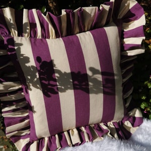 New Funky Fun on Trend Wide Stripe Ruffled Cushion Cover Purple and Dorset Cream image 2