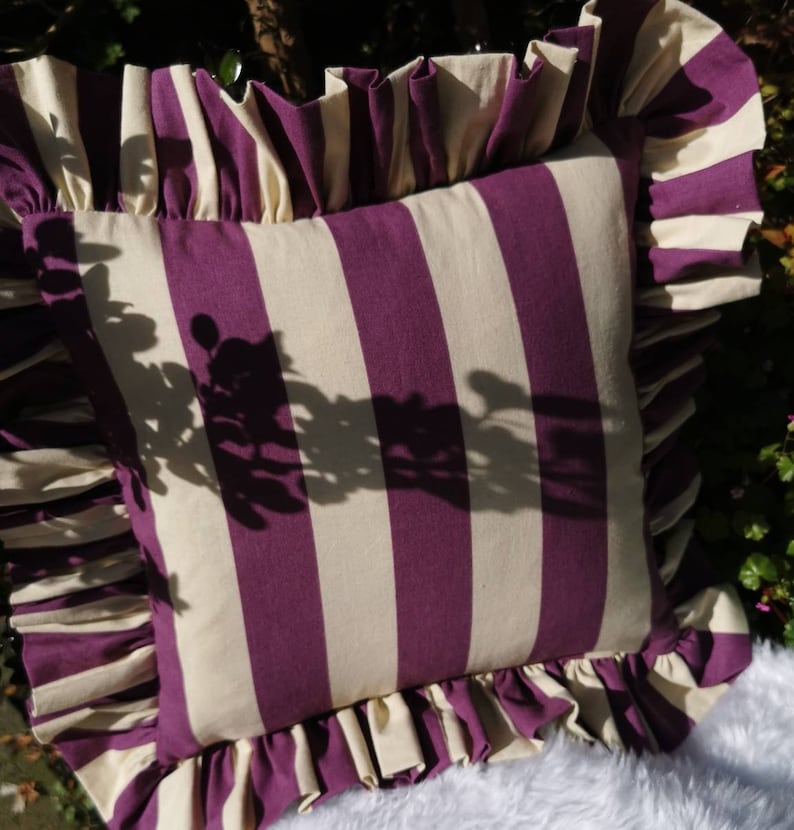 New Funky Fun on Trend Wide Stripe Ruffled Cushion Cover Purple and Dorset Cream image 2