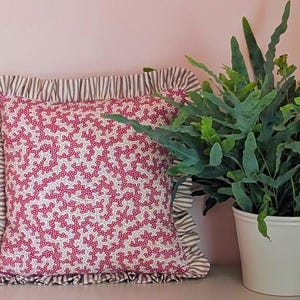 May include: A square decorative pillow with a white background and a red floral pattern. The pillow has a ruffled edge with a striped pattern. A potted fern with green leaves sits to the right of the pillow.