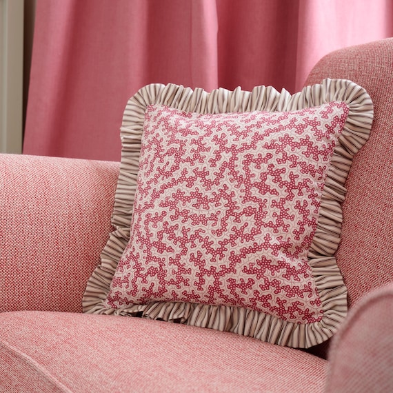 Sanderson Truffle Damson Ruffled Cushion Cover, Ian Mankin Ticking