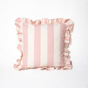 In stock designer Ian Mankin Cushion Cover Pale Pink Devon Stripe Handmade Ruffled and backed in a complimentary Neutral textile.