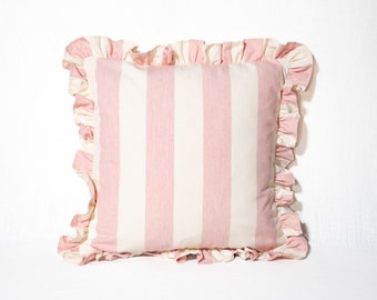 In stock designer Ian Mankin Cushion Cover Pale Pink Devon Stripe Handmade Ruffled and backed in a complimentary Neutral textile.