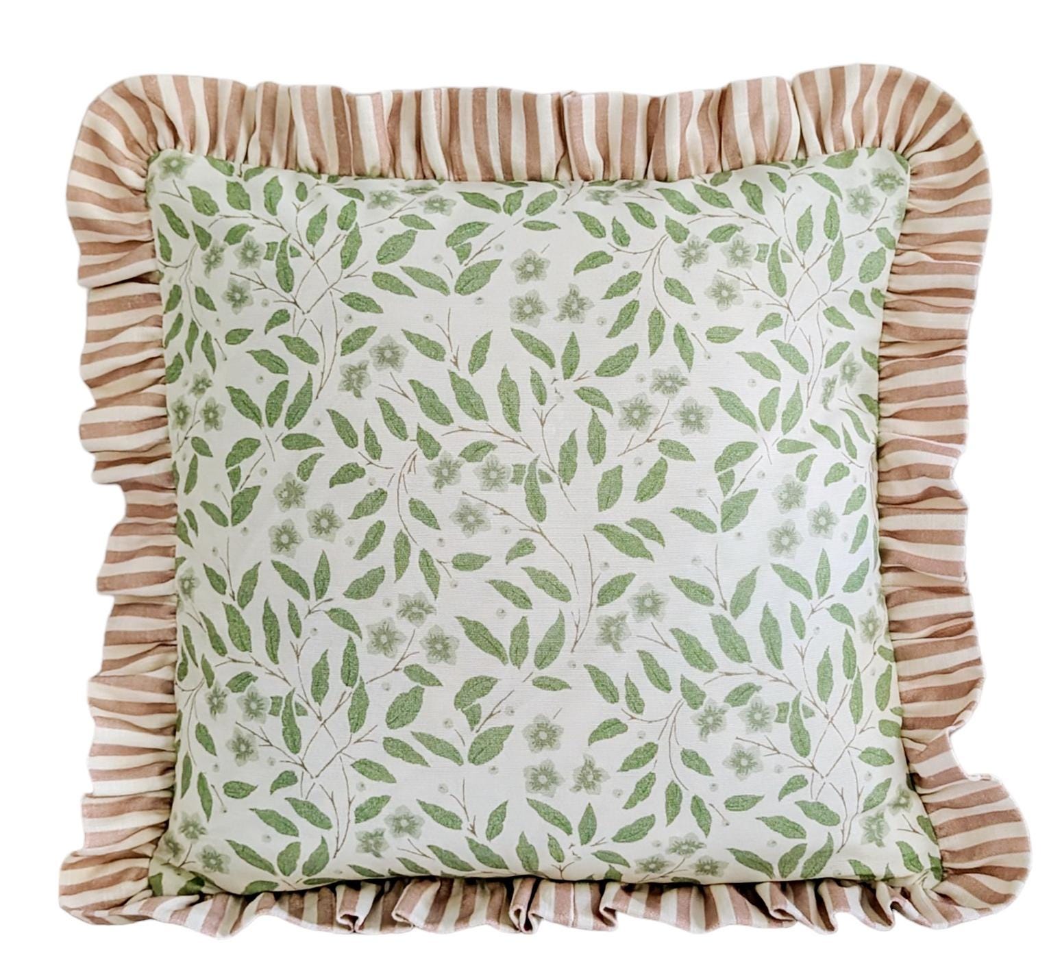 Limited edition handmade Morris influenced green willow leaf pattern cotton with a muted salmon pink pin stripe ruffle and back
