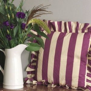 New Funky Fun on Trend Wide Stripe Ruffled Cushion Cover Purple and Dorset Cream image 1