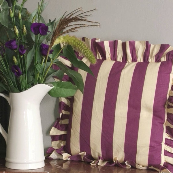 New Funky Fun on Trend Wide Stripe Ruffled Cushion Cover Purple and Dorset Cream