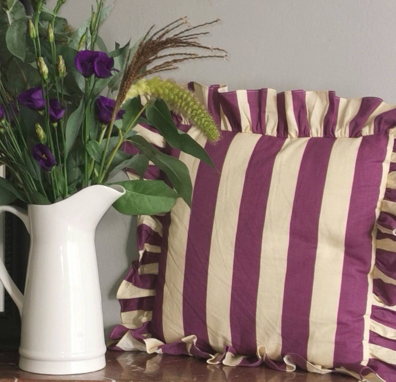 New Funky Fun on Trend Wide Stripe Ruffled Cushion Cover Purple and Dorset Cream image 1