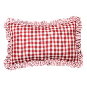 Red gingham cushion cover with Red Ticking Stripe ruffle handmade lumbar as seen in Country Living Magazine April 23 UK