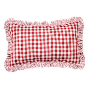 Rot karierte Kissenhülle mit rotem Ticking Stripe Rüschen handgefertigt lumbal wie gesehen in Country Living Magazine April 23 UK