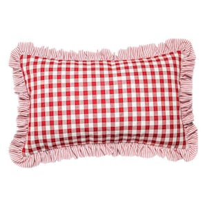 Red gingham cushion cover with Red Ticking Stripe ruffle handmade lumbar as seen in Country Living Magazine April 23 UK