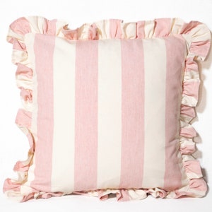 Beautiful Handmade Ruffled Cushion Cover in Designer Ian Mankin Devon wide Stripe Cotton Fabric - Pale Pink