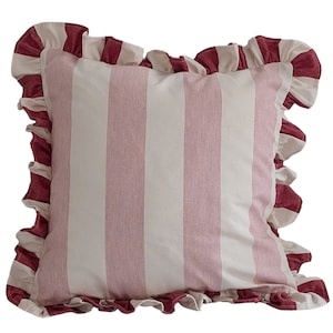Beautiful Handmade Ruffled Cushion Cover in Designer Ian Mankin Devon wide Stripe Cotton Fabric – Pale pink with Peony ruffle