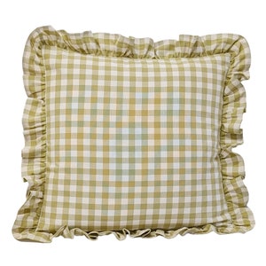 Olive Green and ivory Gingham Cushion with matching ruffle