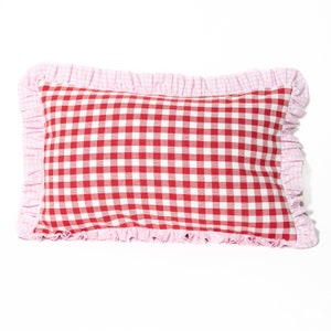 Handmade Ruffled gingham cushion cover in Red and Pale Pink quality Cotton Linen seen in H&G