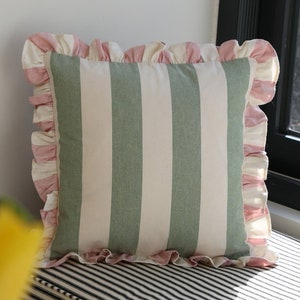 Beautiful Ian Mankin Devon Stripe in Sage Green and Pink wide Stripe Handmade Ruffled medium Lumbar Cush