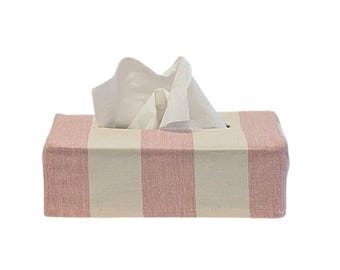 Newly launched Tissue box covers handmade in Ian Mankin Devon Stripes seen here in Pink