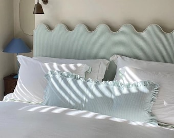 Our luxurious Extra long striped ruffled lumbar rectangle handmade in Clarke and Clarke light gree and white Ticking Stripe Cotton
