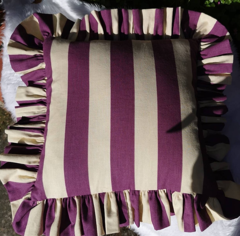 New Funky Fun on Trend Wide Stripe Ruffled Cushion Cover Purple and Dorset Cream image 8