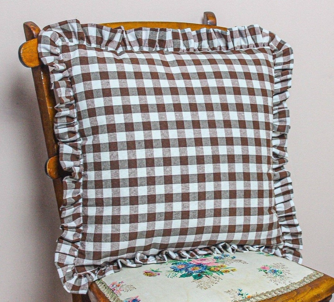 Beautiful Mid Brown Gingham Cushion Cover Handmade and Ruffled With a