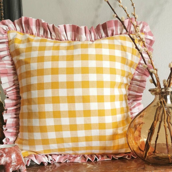 Our beautiful new rose and ochre gingham collection of cushion covers