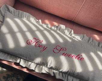 Embroidered "Hey Sweetie" Lumbar Cushion, Clarke and Clarke Mineral Stripe, Ruffled Pillow