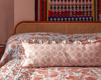 Salmon Pink Bolster Pillow Cover: Ruffled Circle Pattern, Handmade
