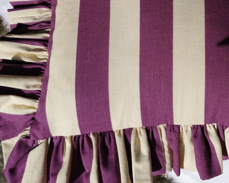 New Funky Fun on Trend Wide Stripe Ruffled Cushion Cover Purple and Dorset Cream image 7