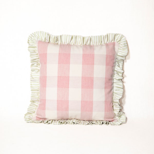 Our First fully reversible designer cushion cover with Ian Mankin pink Avon Check  with pistachio and rose ticking stripe two styles in one
