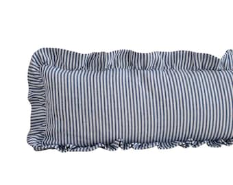 Extra long striped linen ruffled lumbar cushion in Indigo