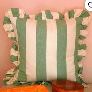 Beautiful Handmade Ruffled Cushion Cover in Designer Ian Mankin Devon wide Stripe Cotton Fabric in Sage Green backed in a neutral linen