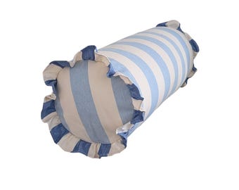 May include: A cylindrical bolster pillow with blue and white stripes. The ends of the pillow are trimmed with a ruffled edge in a darker blue fabric. The pillow is designed for decorative use.