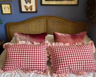 Our stunning large rectangle lumbar frill gingham cushion cover made in Designer Red and Pink Gingham Cotton