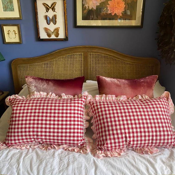 Our stunning large rectangle lumbar frill gingham cushion cover made in Designer Red and Pink Gingham Cotton