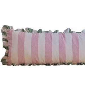 Newly launched Our Designer Ian Mankin Suffolk Pink Devon stripe Extra long handmade in the UK ruffled in Devon Sage Luxurious cushion Cover
