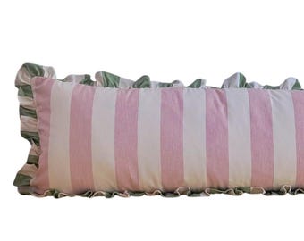 Pink Devon Stripe Lumbar Cushion Cover: Handmade Ruffled Pillow, Ian Mankin Design