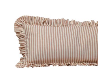Extra long striped linen ruffled lumbar cushion in Salmon Pink