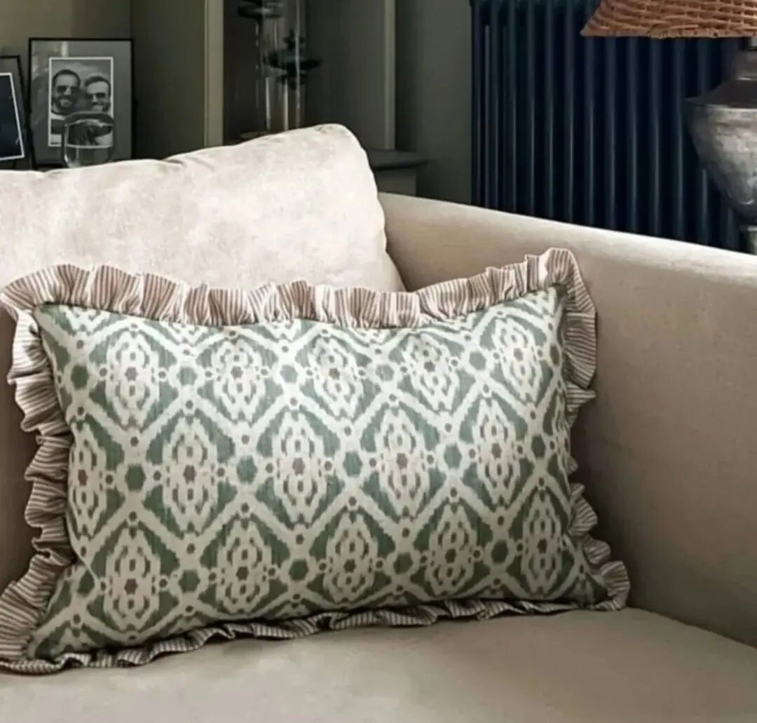 Green Petite Ikat French Linen and Taupe Stripe Cotton Handmade Ruffled