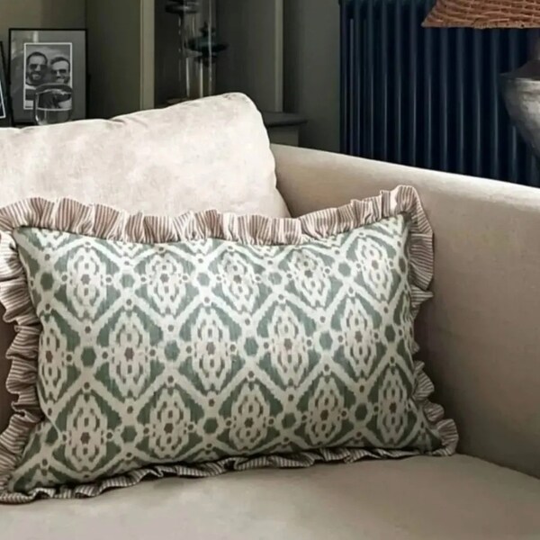 Green Petite Ikat French Linen and Taupe Stripe Cotton Handmade Ruffled Cushion covers