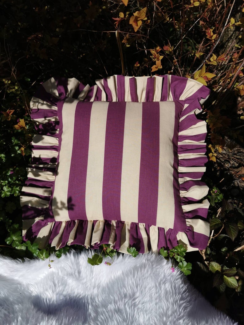 New Funky Fun on Trend Wide Stripe Ruffled Cushion Cover Purple and Dorset Cream image 3