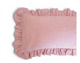 Striped Ruffled Lumbar Pillow Cover, Raspberry Red Ticking Stripe