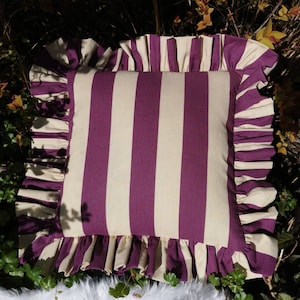 New Funky Fun on Trend Wide Stripe Ruffled Cushion Cover Purple and Dorset Cream image 6