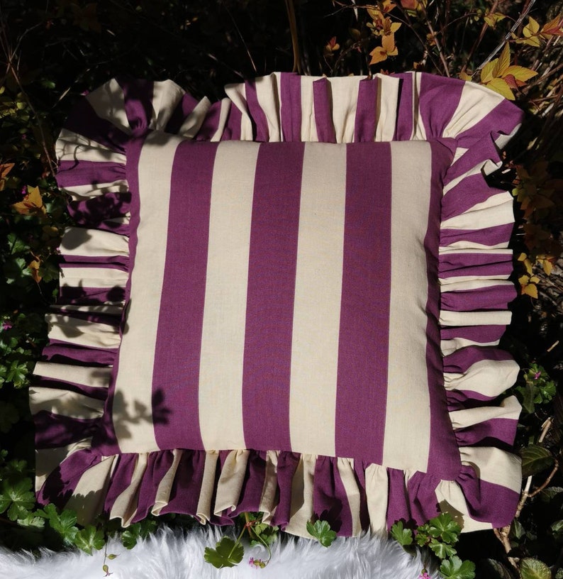 New Funky Fun on Trend Wide Stripe Ruffled Cushion Cover Purple and Dorset Cream image 6