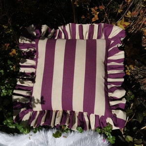 New Funky Fun on Trend Wide Stripe Ruffled Cushion Cover Purple and Dorset Cream image 9