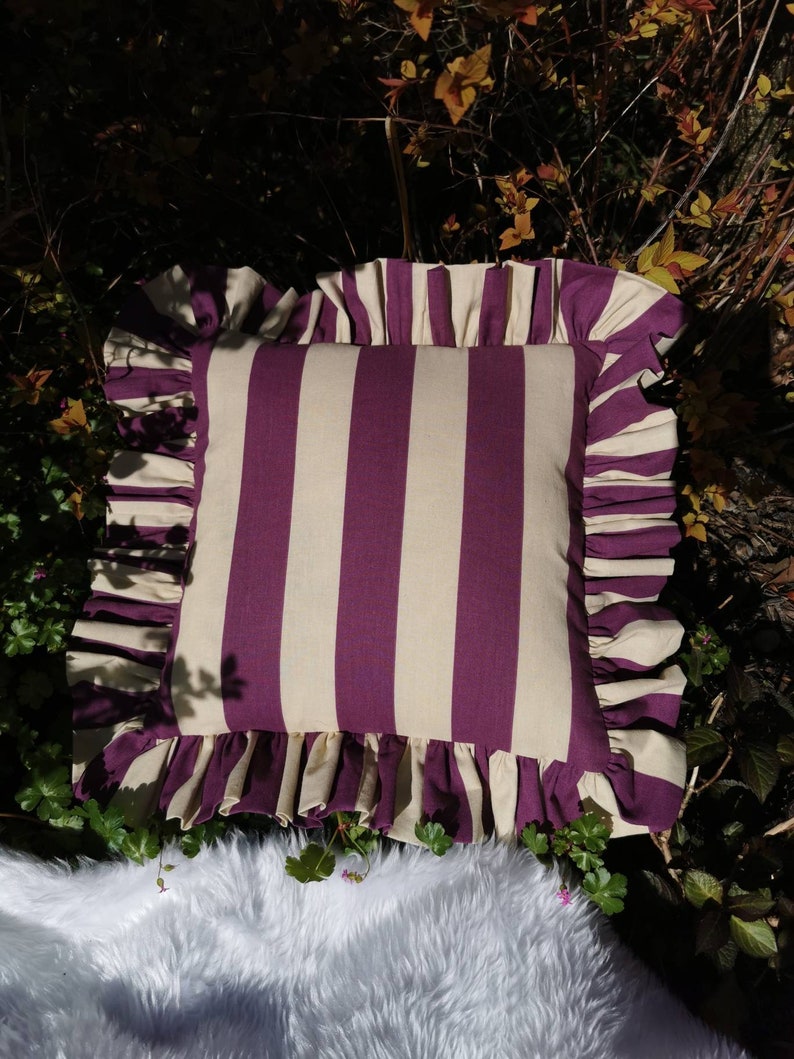 New Funky Fun on Trend Wide Stripe Ruffled Cushion Cover Purple and Dorset Cream image 9